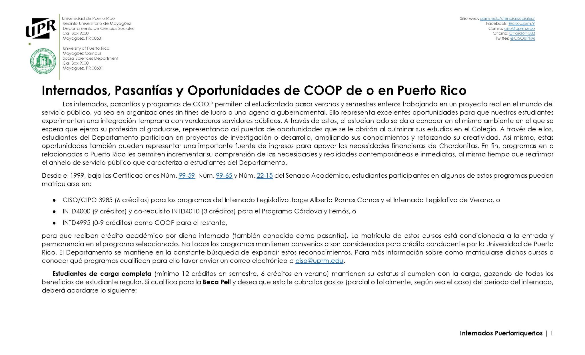 Internados Y Programas De COOP Departamento De Ciencias Sociales UPRM