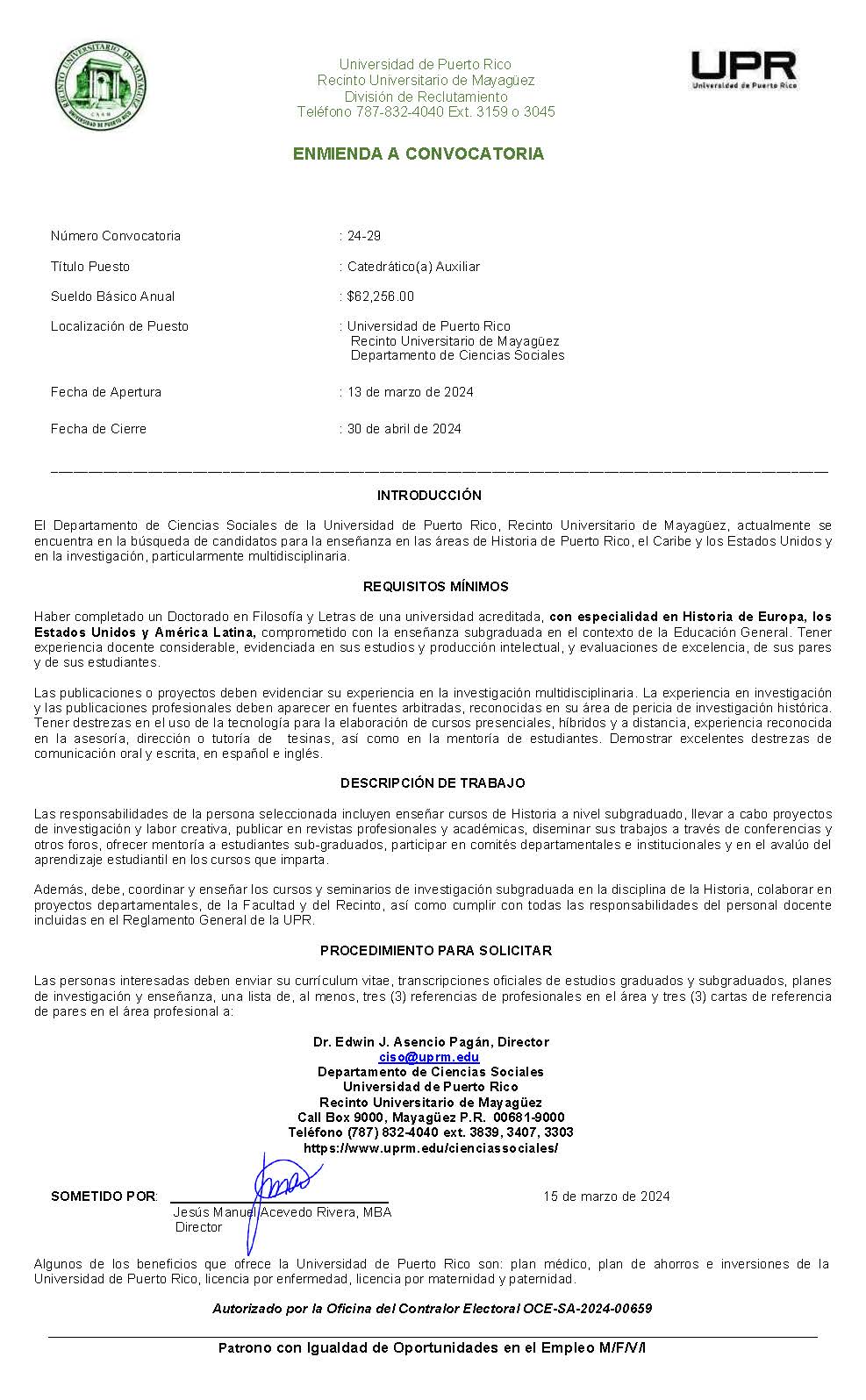 Convocatoria Docente Departamento De Ciencias Sociales UPRM