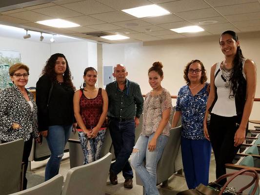 Project Director Dr. Lydia Rivera (left), speaker Dr. Alberto Pantoja (center) and Inter American University of Puerto Ricos project Director Dr. Angela Gonzlez (second from the right) accompanied by IAUPR-SG students who assisted to the activity.