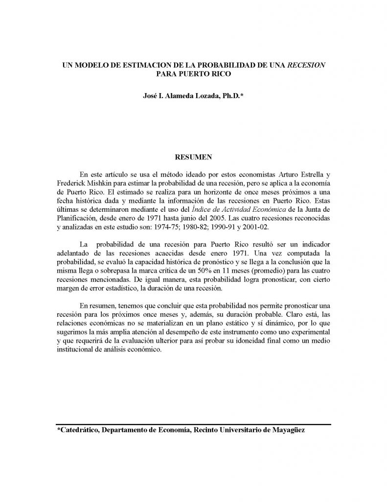 UN MODELO DE ESTIMACION DE LA PROBABILIDAD DE UNA RECESION PARA PUERTO  RICO