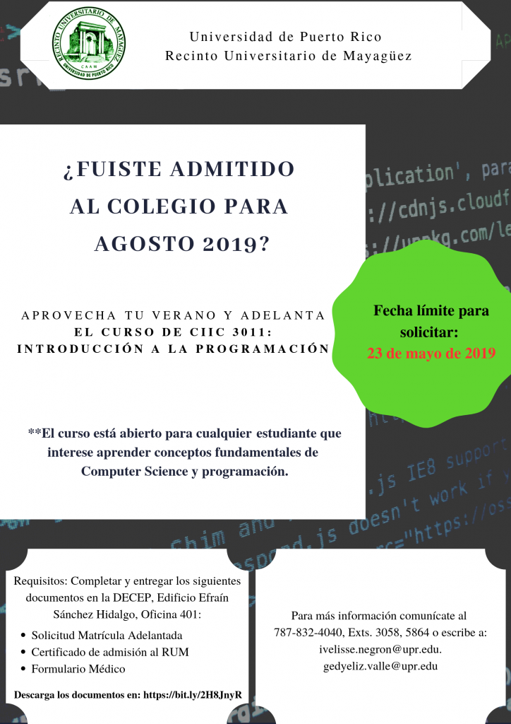 CIIC 3011 Into a la Programación en Verano 2019