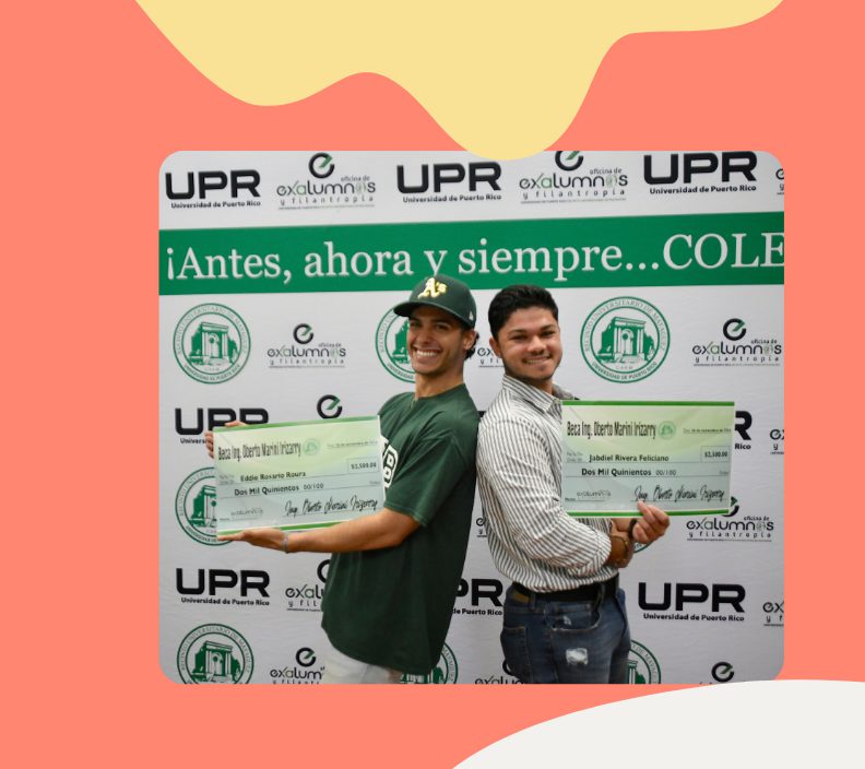 Por segundo año consecutivo, el ingeniero Oberto E. Marini Irizarry, egresado de la clase de 1972 del Departamento de Ingeniería Civil (INCI) del Recinto Universitario de Mayagüez (RUM), otorgó becas a dos estudiantes del Colegio de Ingeniería. En esta ocasión, los beneficiarios fueron Jabdiel Rivera Feliciano, de Ingeniería Civil, quien revalida como recipiente, y Eddie Rosario Roura, de Ingeniería Mecánica, quien la recibe por primera vez. Cada uno obtuvo $2,500 gracias a la generosidad del empresario de proyectos de vivienda.