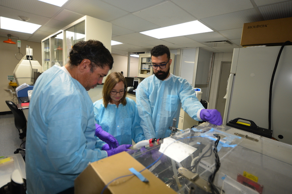 El doctor Jorge L. Castro Torres, a la derecha, acompañado por los doctores Eduardo Juan García y Madeline Torres Lugo, sus mentores e integrantes del equipo investigativo, sostienen instrumentos durante unas pruebas en el laboratorio.